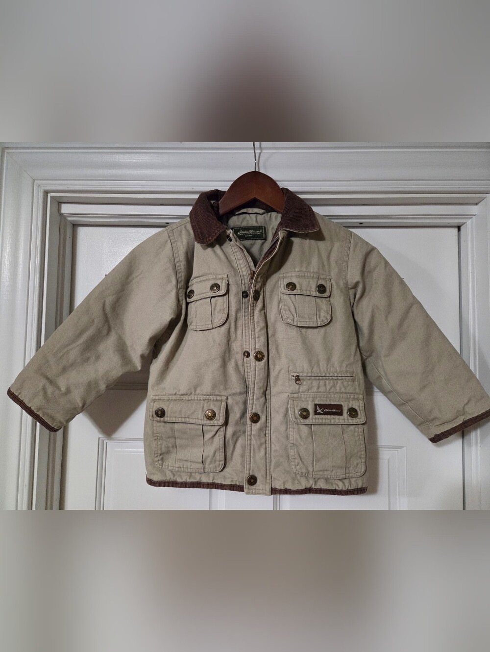 Vintage Eddie Bauer Tan Canvas Work Jacket With Corduroy Trim Boy's Size 5/6